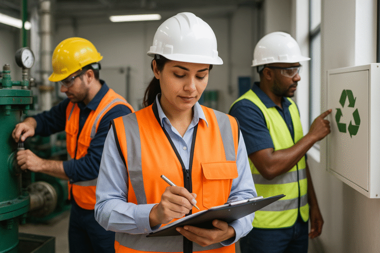 Un responsable QHSE inspecte un site industriel avec un tableau de suivi en arrière-plan, illustrant un audit qualité, hygiène, sécurité et environnement en cours.