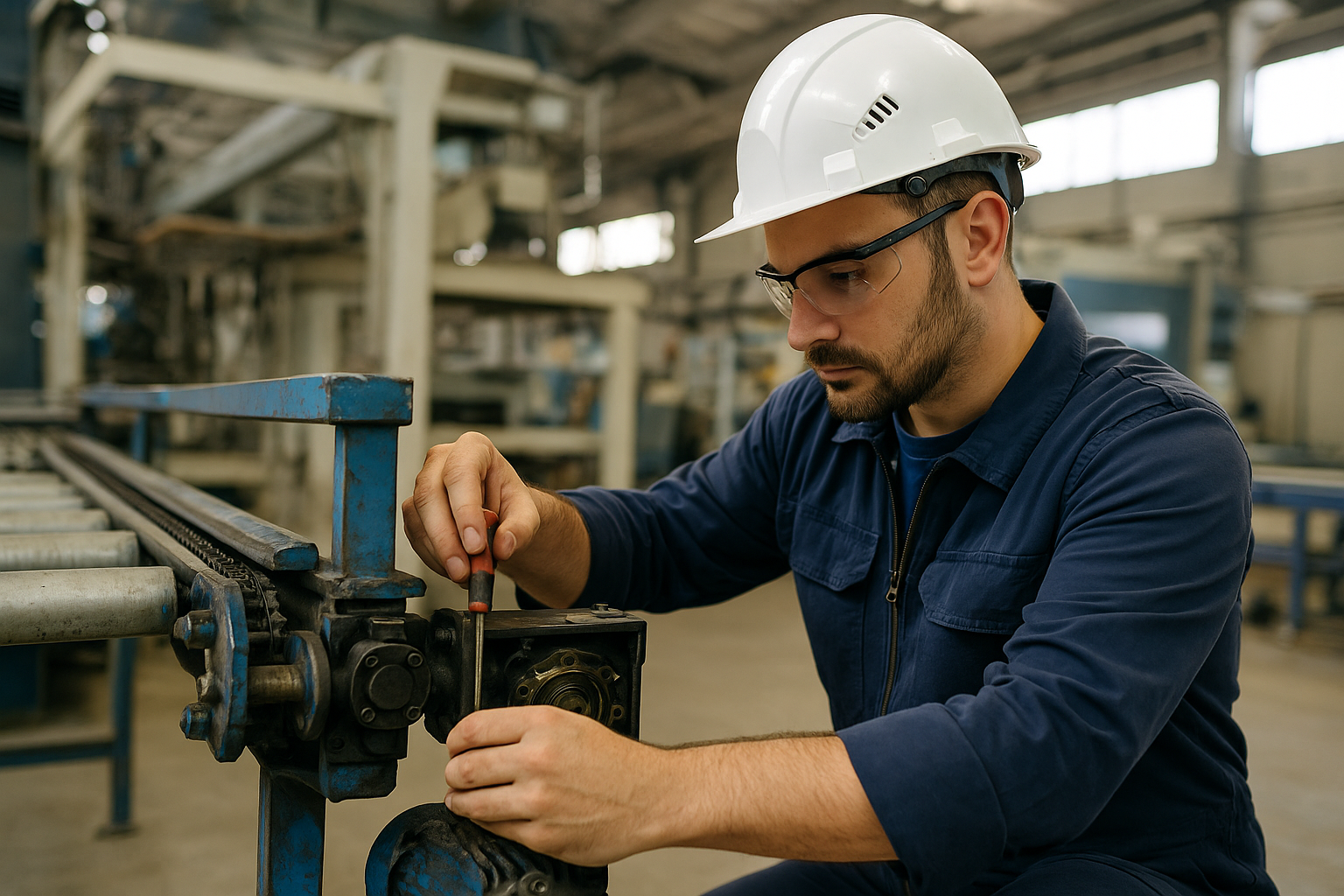 Technicien en intervention sur une ligne de production industrielle, effectuant une opération de maintenance.