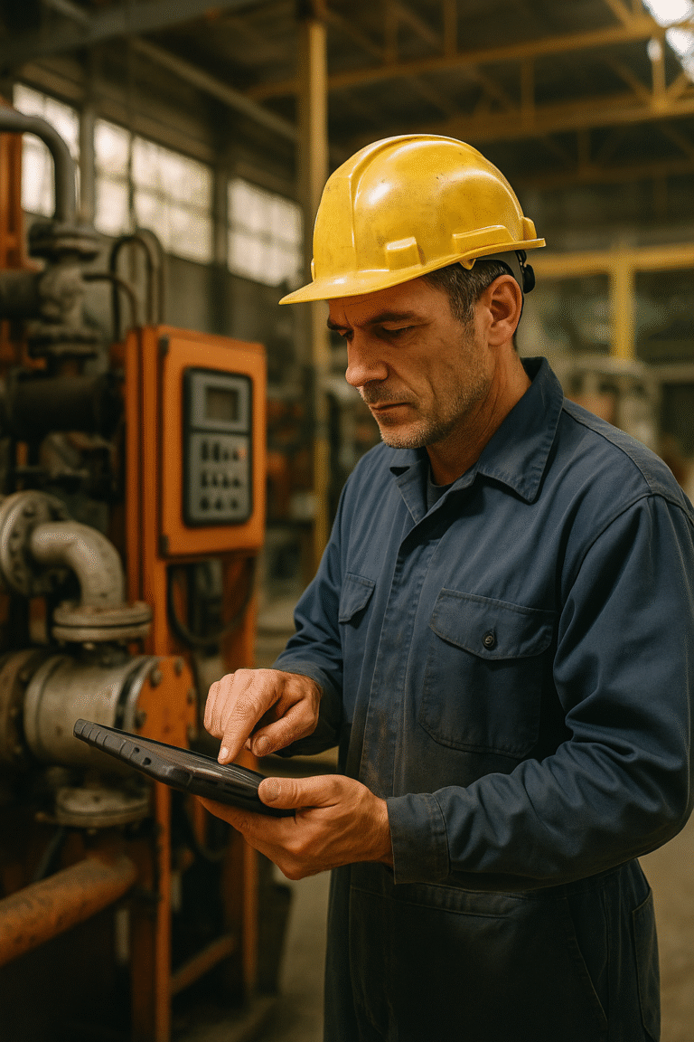 Technicien de maintenance surveillant des machines industrielles pour réduire les temps d’arrêt avec l’approche Lean Maintenance.