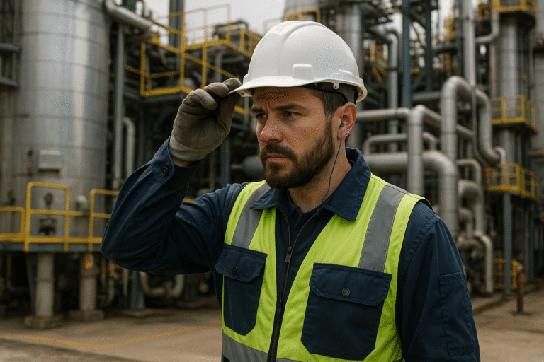 Technicien industriel en tenue de sécurité effectuant un contrôle de routine sur un panneau de gestion des risques dans une usine.