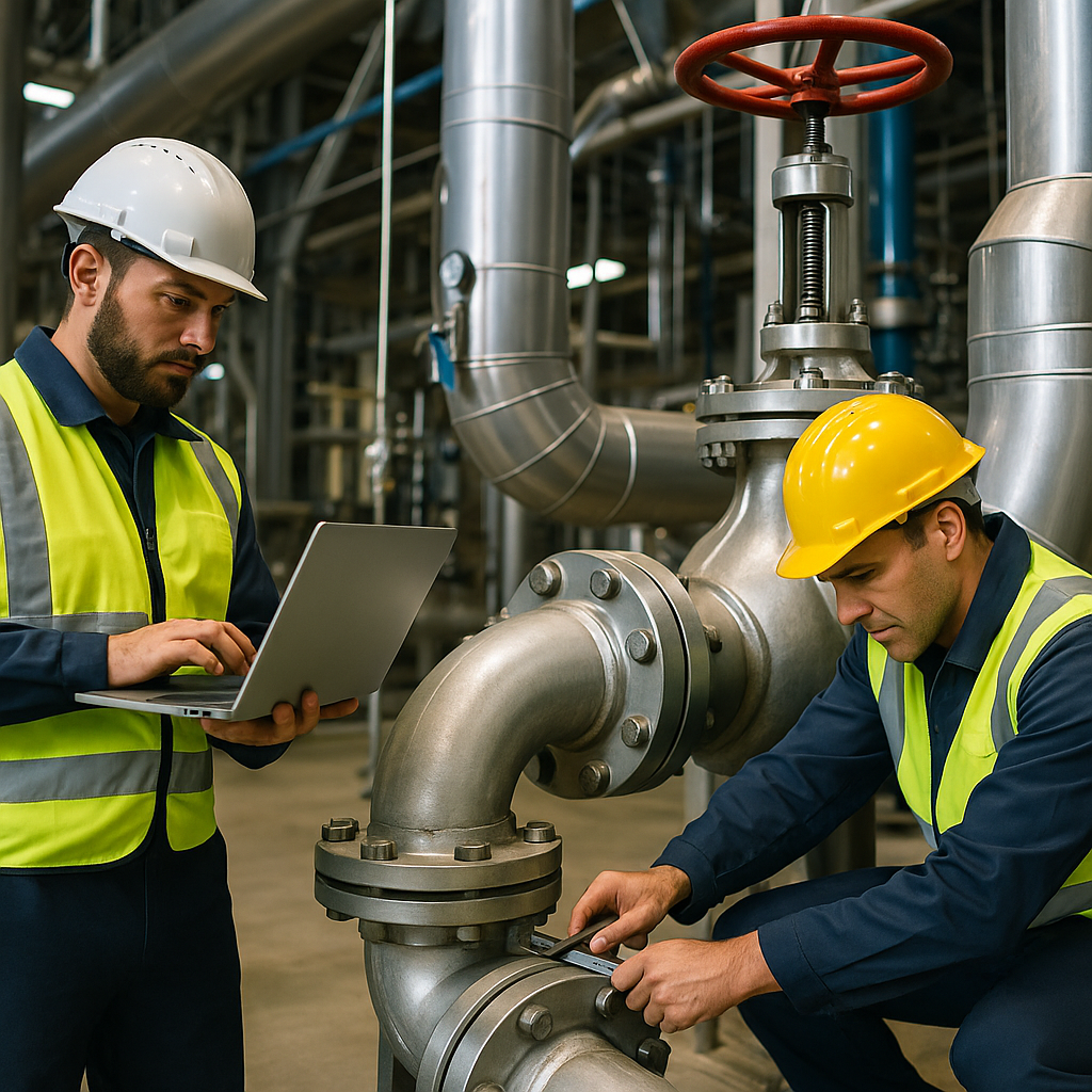 Techniciens de maintenance intervenant sur une installation industrielle dans un atelier de production moderne