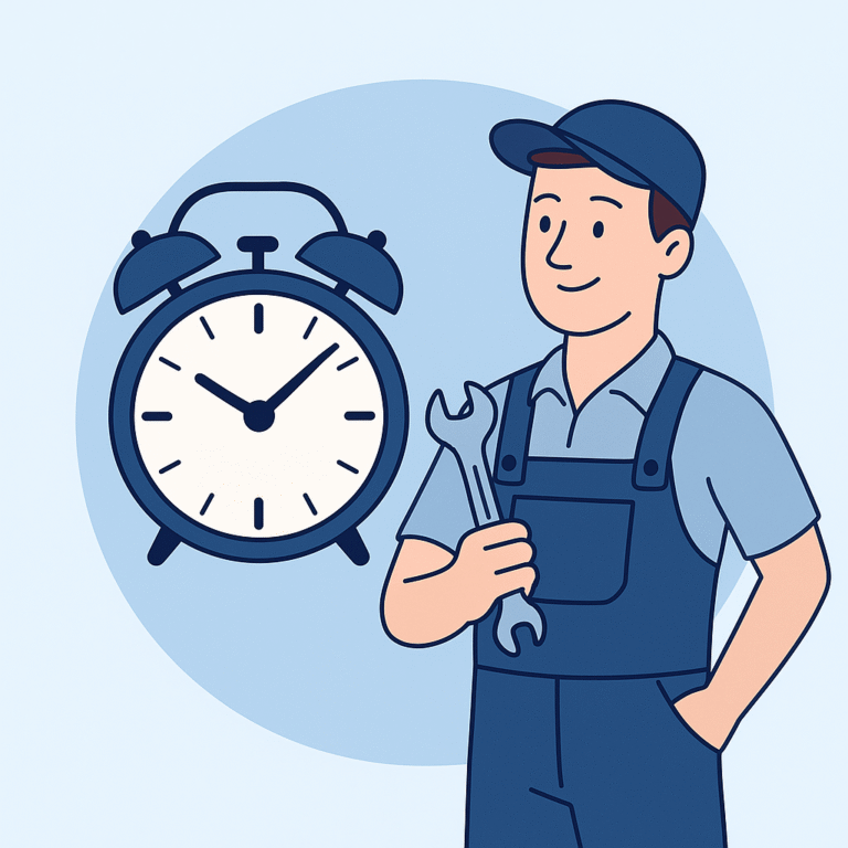 Technicien de maintenance en horaires décalés avec une clé et une grande horloge.