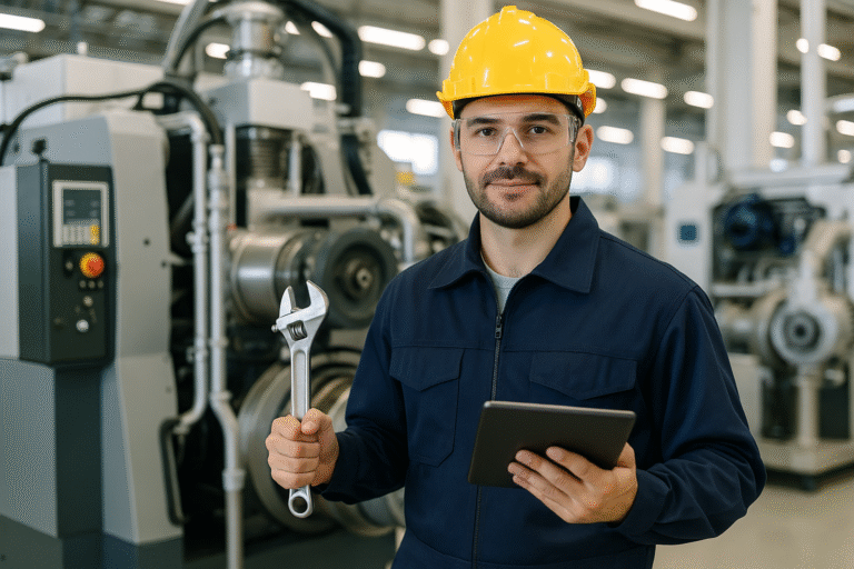 Technicien de maintenance en uniforme bleu, portant un casque jaune et des lunettes de sécurité, tenant une clé à molette et une tablette devant une machine industrielle.