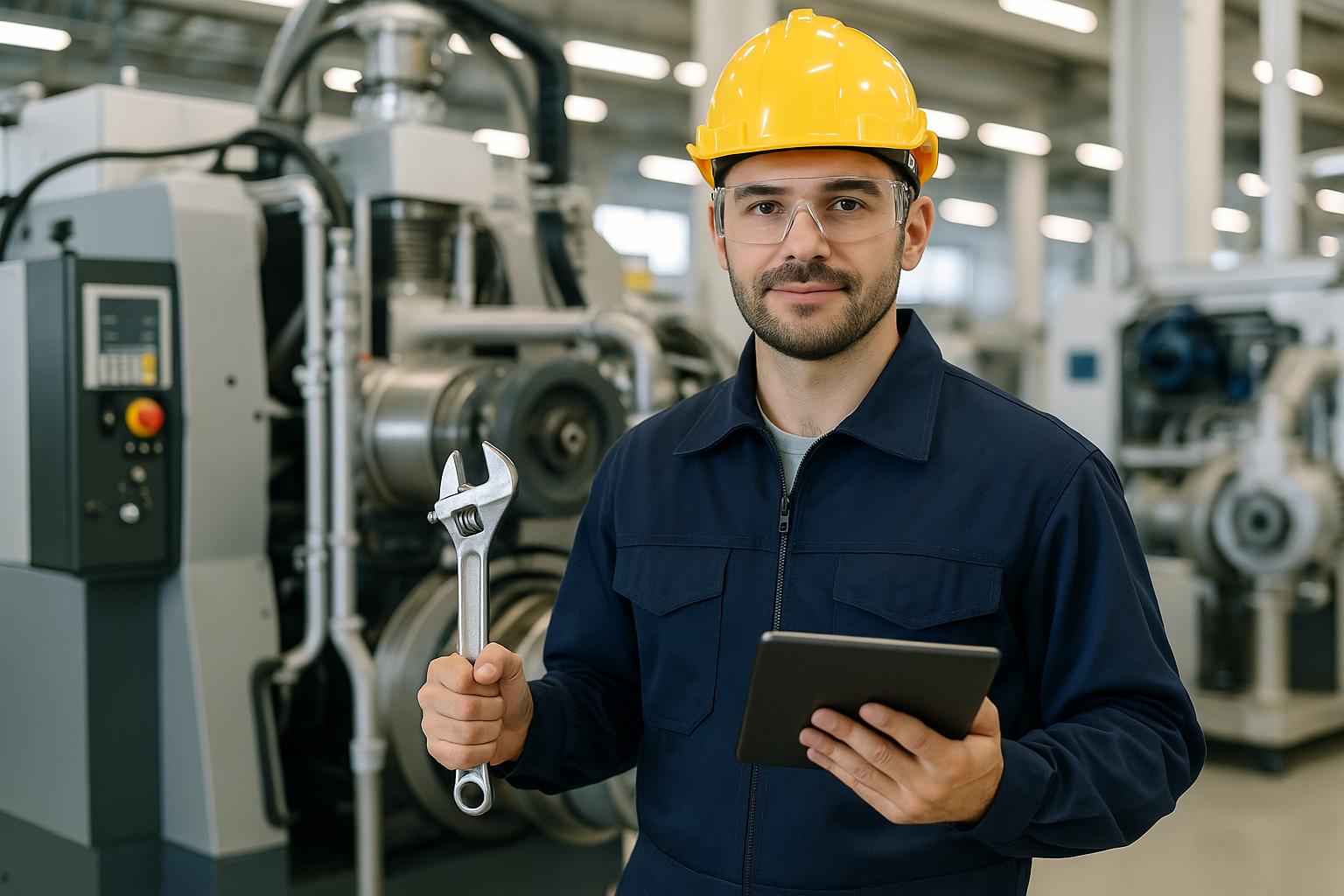 Technicien de maintenance en uniforme bleu, portant un casque jaune et des lunettes de sécurité, tenant une clé à molette et une tablette devant une machine industrielle.