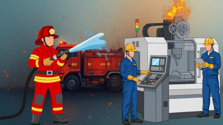 technicien de maintenance préoccupé devant des alarmes rouges et un tableau de planification verte, symbolisant la gestion des urgences.